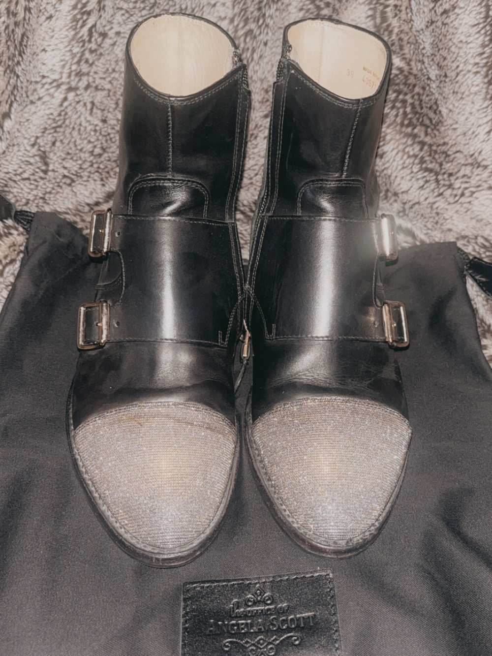 Angela Scott Black Leather Double-Buckle Lace-Up Ankle Boots
